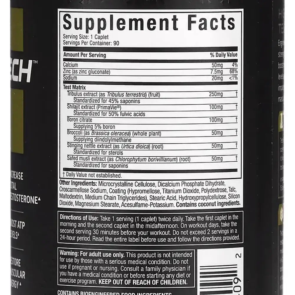 Etiqueta de hechos nutricionales de suplemento deportivo con Tribulus, Shilajit y extractos naturales para rendimiento físico