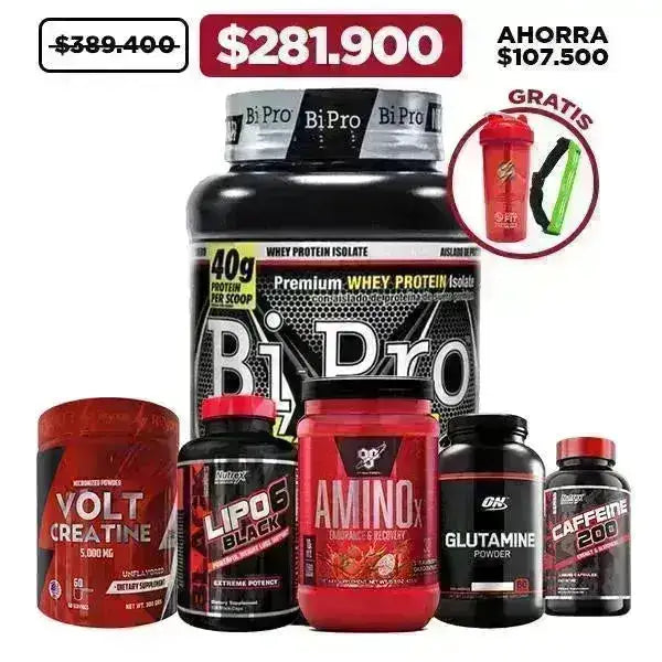 BiPro 908 gr + AminoX 30 serv. + Creatine 300 gr + Glutamine 300 gr + Lipo-6 120 caps + Caffeine 60 caps + Obsequios - Zona FIT
