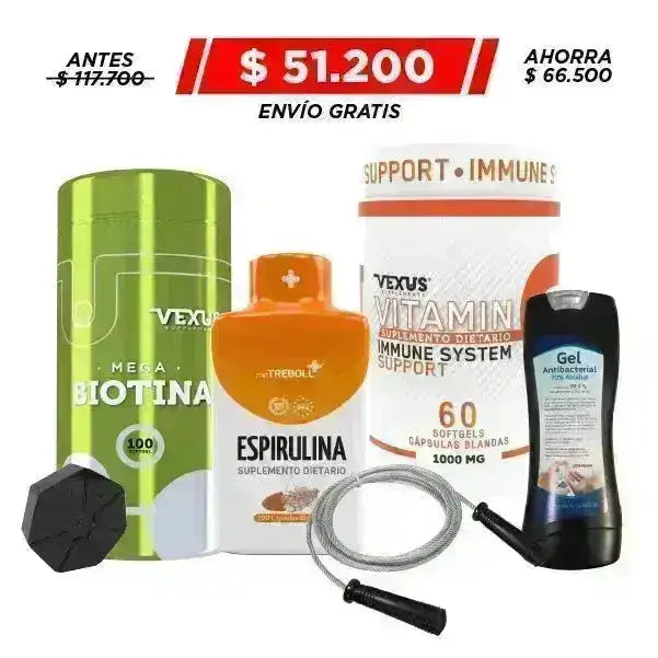 Biotina 100 caps + Espirulina 100 caps + Vitamin C 60 caps + Obsequio - Zona FIT