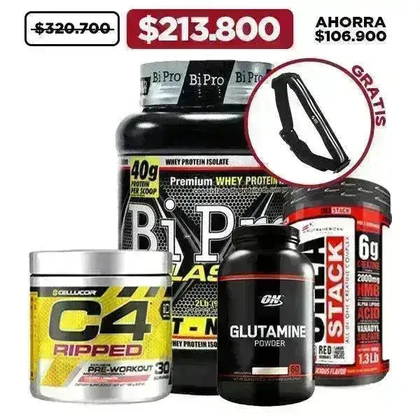BiPro 908 gr + Crea Stack 1.3 lb + Glutamine 300 gr + C4 Ripped 30 serv + Obsequio - Zona FIT