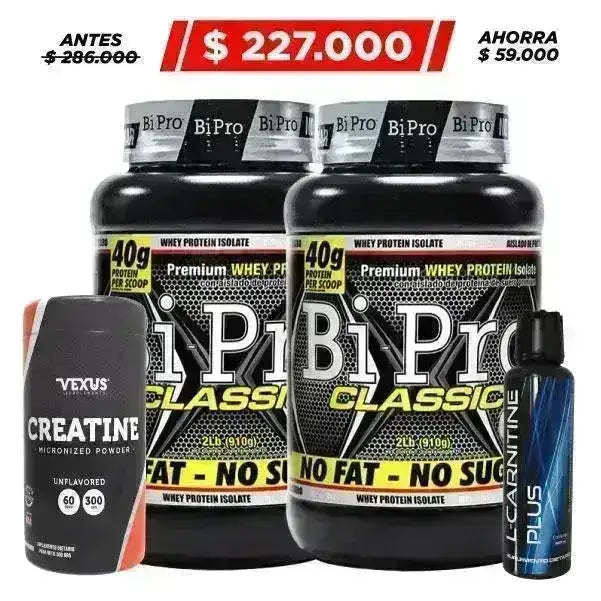2 Unid Bipro 908 gr + Creatine 300 gr + L-Carnitine Plus 500 ml - Zona FIT