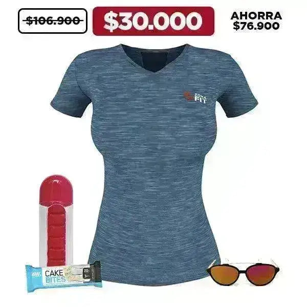 Camiseta Mujer + Cake Bites + Botella con Pastillero + Gafas de Sol - Zona FIT