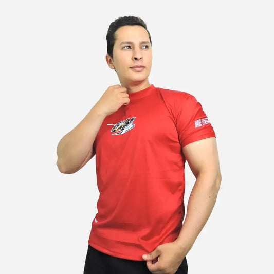 Camiseta roja de entrenamiento con logo ON, ideal para gym y fitness en Colombia