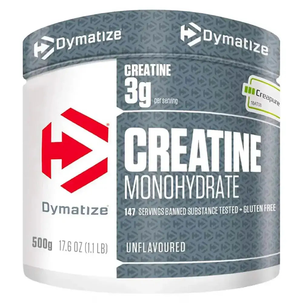Creatina monohidrato Dymatize 500g, 3g por porción, sin sabor, sin gluten, suplemento deportivo