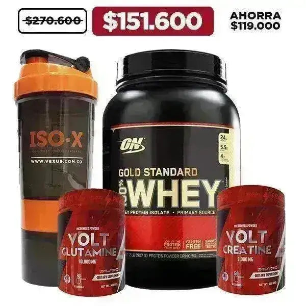 Gold Standard 2 lb + Creatine 300 gr + Glutamine 300 gr + Shaker - Zona FIT
