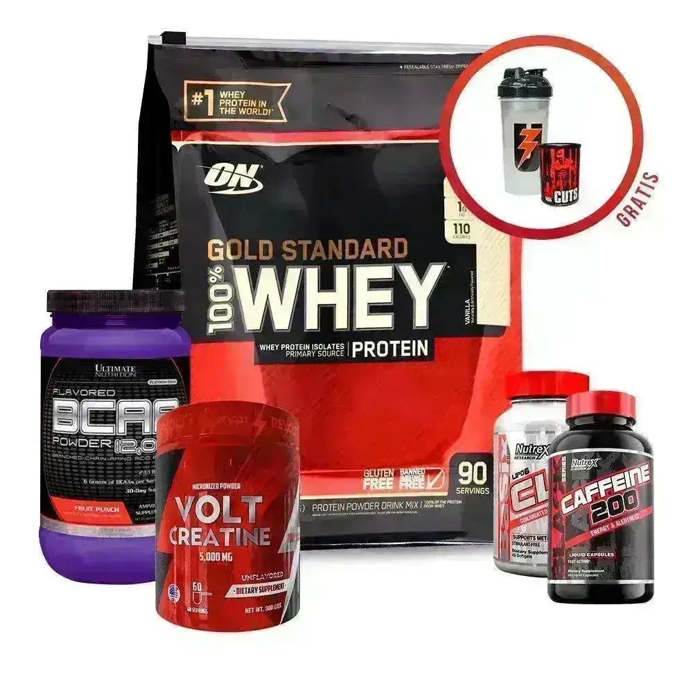 Oferta 100% Whey Gold Standard 6 Lb + Creatina 300 gr + BCAA 30 serv + Lipo 6 CLA + Caffeine + Obsequios - Zona FIT