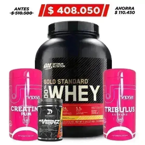 Gold Standard 5 lb + Mr Veinz 40 serv + Creatine HCL 120 caps + Tribulus 100 caps - Zona FIT