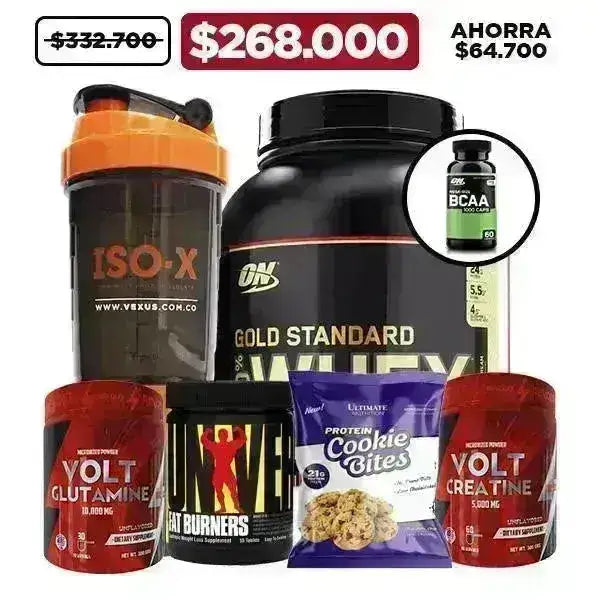 Gold Standard 5 lb + Creatina 300 gr + Glutamina 300 gr + Fat Burners 55 caps + Obsequios - Zona FIT