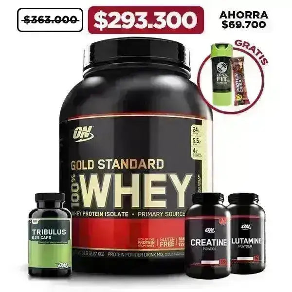 Gold Standard 5 lb + Creatine 300 gr + Glutamine 300 gr + Tribulus 100 caps. + Obsequios - Zona FIT