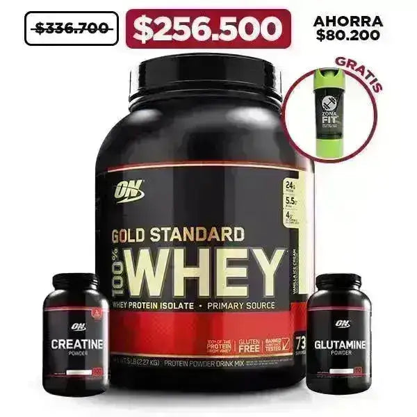 Gold Standard 5 lb + Creatine 300 gr + Glutamine 300 gr + Obsequio - Zona FIT