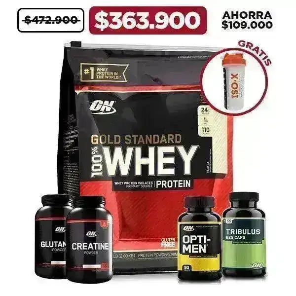 Gold Standard 6 lb + Creatine 300 gr + Glutamine 300 gr + Tribulus 100 caps + Opti-men 90 caps + Obsequios - Zona FIT