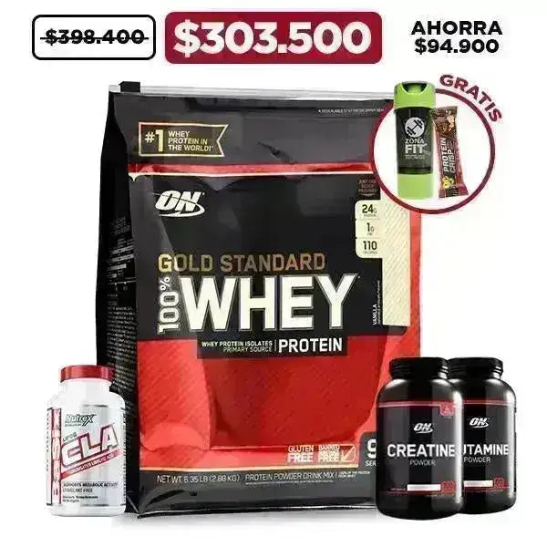 Gold Standard 6 lb + Creatine 300 gr + Glutamine 300 gr + CLA 90 caps + Obsequios - Zona FIT