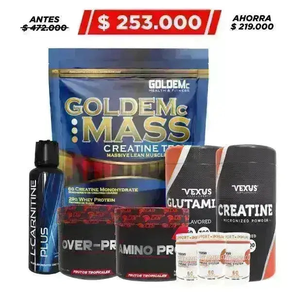 Goldem Mass 2.5 lb + L-Carnitine 500 ml + Creatine 300 gr + Obsequio - Zona FIT