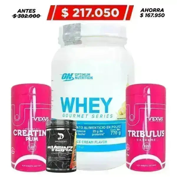 Whey Gourmet 770 gr + Mr Veinz 40 serv. + Creatine HCL 120 caps + Tribulus 100 caps - Zona FIT