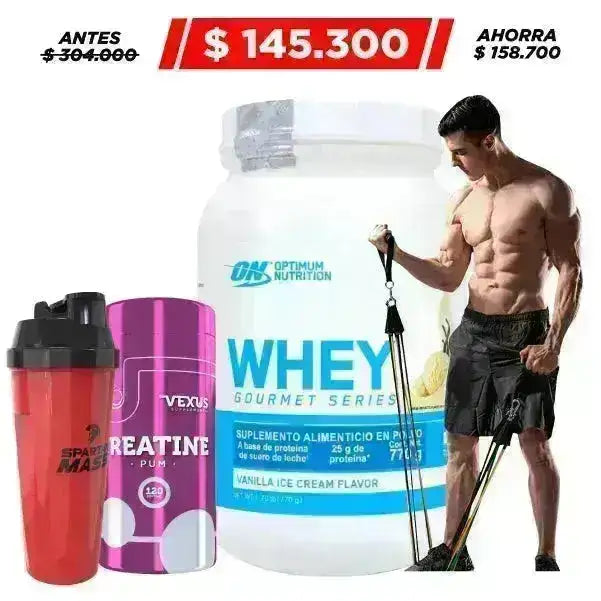 Whey Gourmet 770 gr + Creatine HCL 120 caps + Cuerdas de Tensión + Shaker - Zona FIT