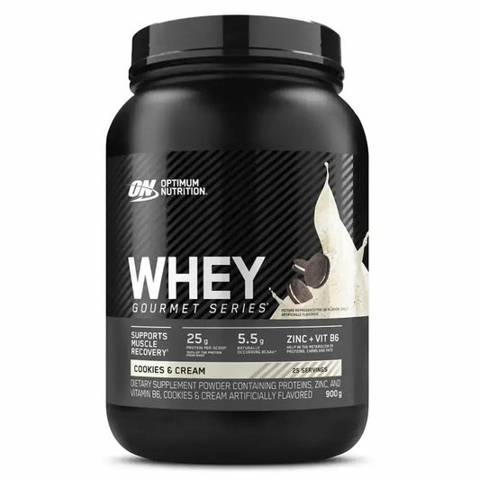 Proteína Whey Gourmet Series sabor Cookies & Cream, 900g, con zinc y vitamina B6 para recuperación muscular