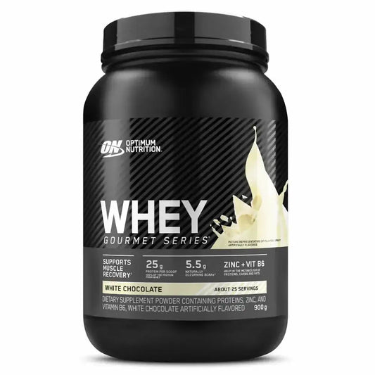 Proteína Whey Gourmet Series sabor chocolate blanco, 900g, suplemento para recuperación muscular