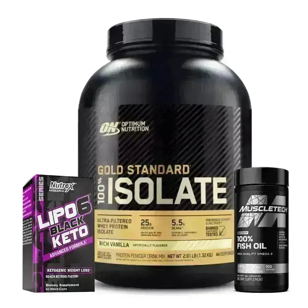 Gold Standard 100% Isolate 3 lb + Lipo 6 Keto 60 caps + Omega 3 100 caps - Zona FIT