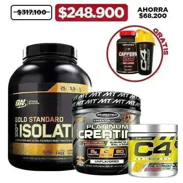 Gold Standard 100% Isolate 3 lb + Creatine 80 serv + C4 30 serv + Obsequios - Zona FIT