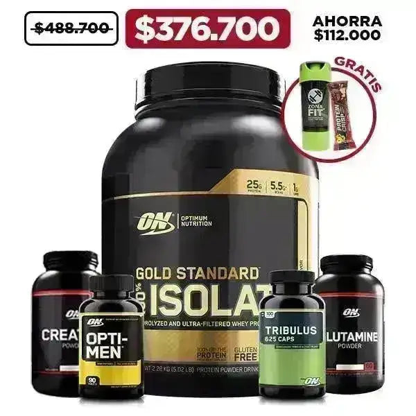 Gold Standard Isolate 5 lb + Creatine 300 gr + Glutamine 300 gr + Tribulus 100 caps + Opti-Men 90 tabs + Obsequios - Zona FIT