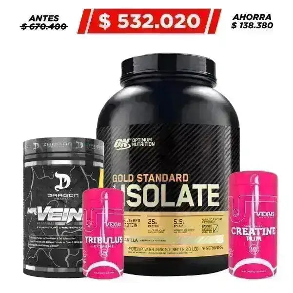 Gold Standard 100% Isolate 5 lb + Mr Veinz 40 serv + Creatine 120 caps + Tribulus 100 caps - Zona FIT