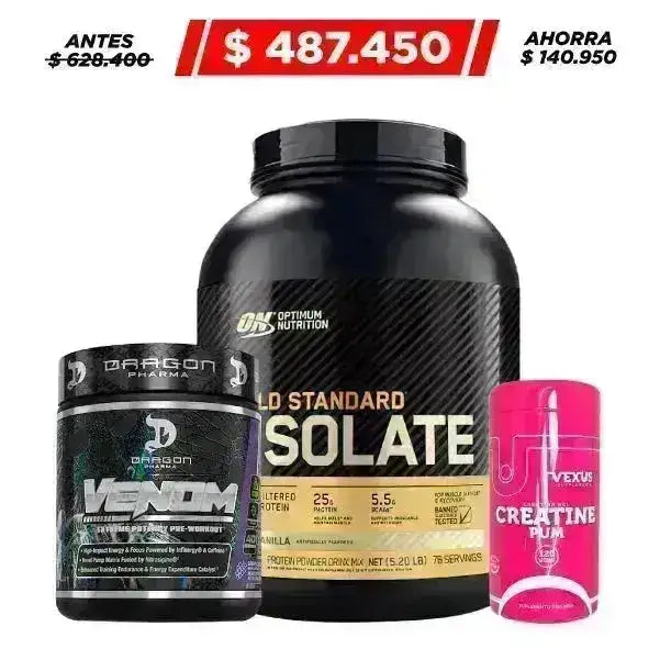 Gold Standard 100% Isolate 5 lb + Venom 40 serv + Creatine 120 caps - Zona FIT