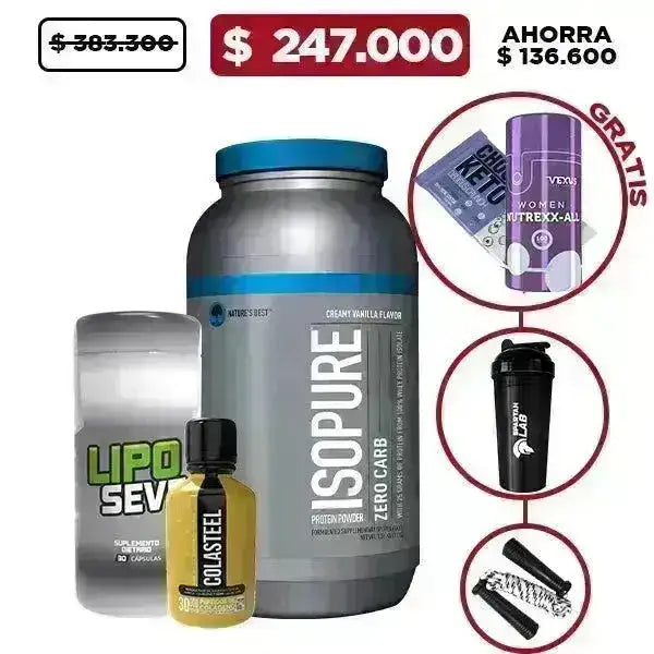 Isopure 3 lb + Lipo Seve 30 caps + Barra de Proteína + Women X-ALL 100 Caps + Colastel 500 ml + Obsequios - Zona FIT