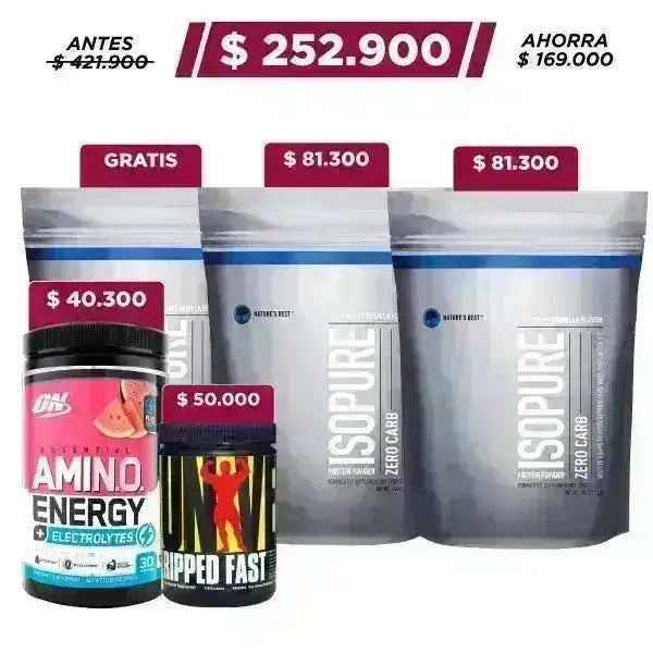 3 unid. Isopure Zero Carb 1 lb + Ripped Fast 120 caps + Amino Energy 30 serv. - Zona FIT
