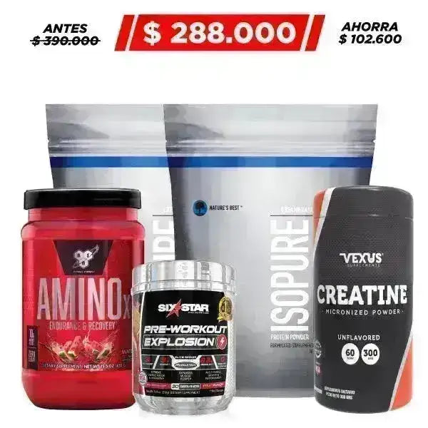 2 Unid. Isopure 1 lb + Explosion 30 serv. + Amino X 30 serv. + Creatine 300 gr - Zona FIT