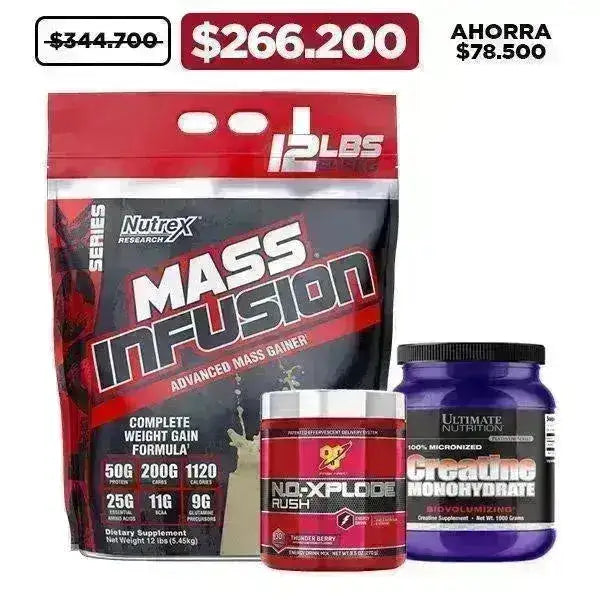 Mass Infusion 12 lb + N.O.-Xplode® Rush 30 serv. + Creatina 1000 gr - Zona FIT