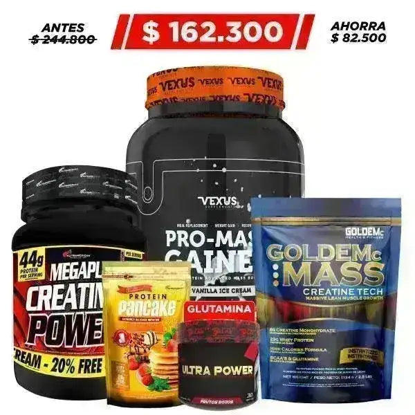 Pro-Mass Gainer 3 lb + Goldem Mass 2.5 lb + Megaplex 2 lb + Protein Pancake 770 gr + Glutamine 30 serv - Zona FIT