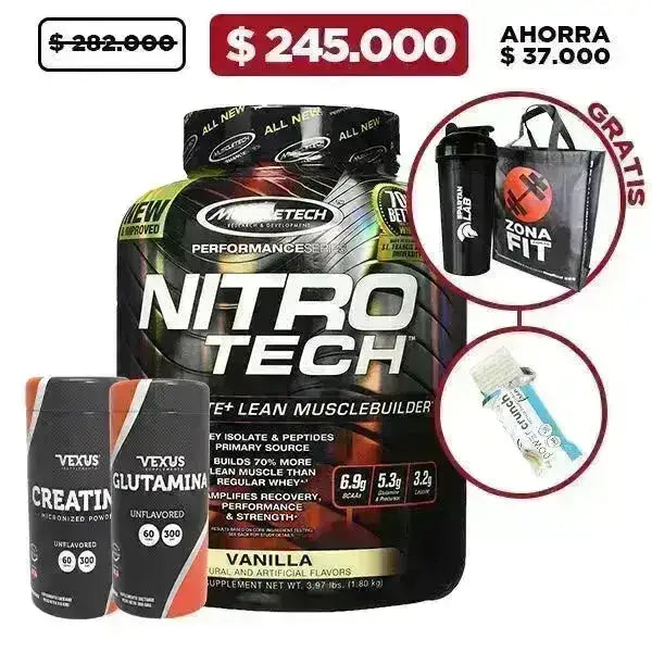 NitroTech 3.97 lb + Creatina 300 gr + Glutamine 300 gr + Obsequio - Zona FIT