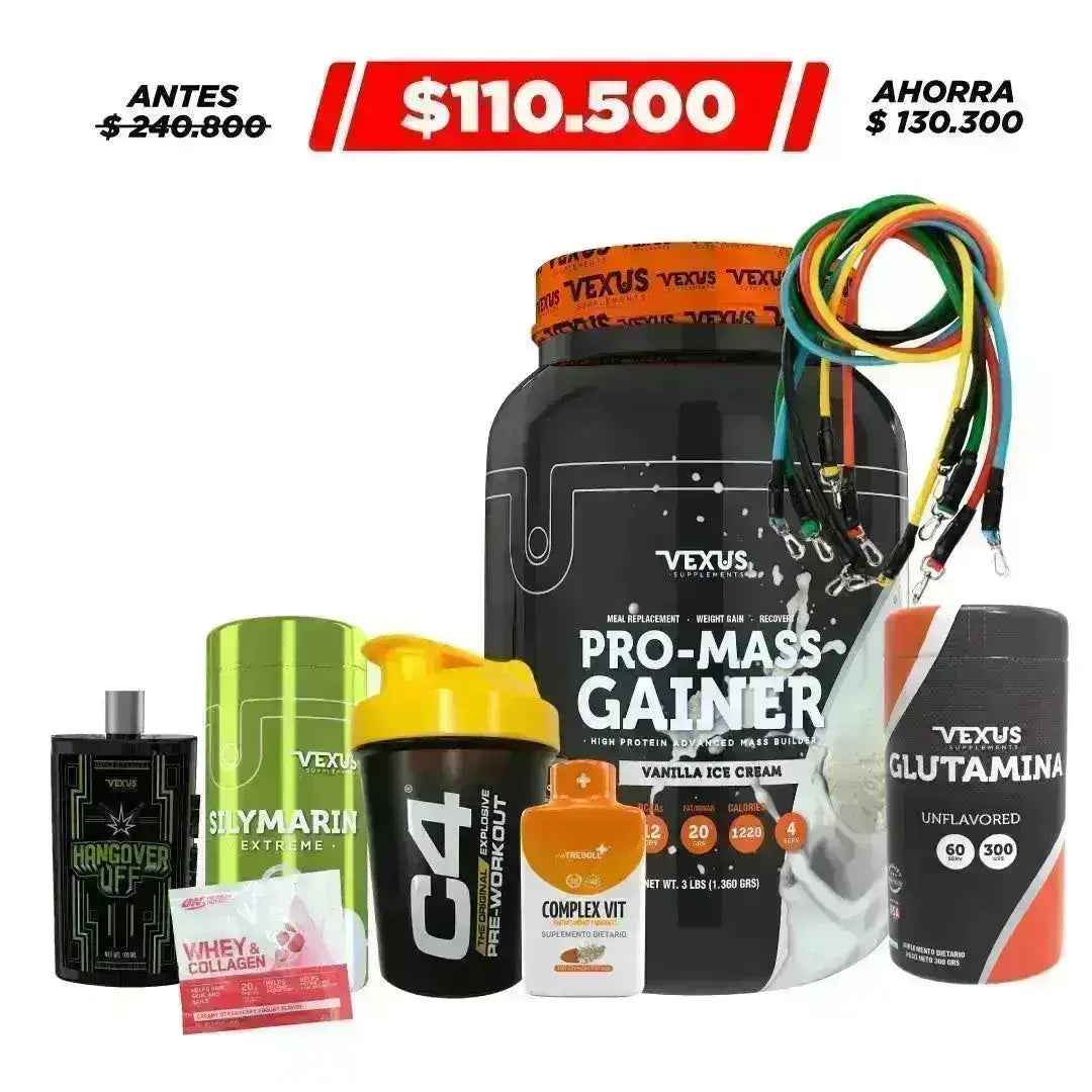 Pro-Mass Gainer 3 lb + Glutamina 300 gr + Cuerdas de Tensión + Obsequios - Zona FIT