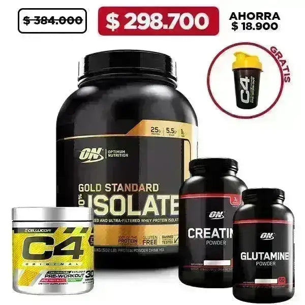 Gold Standard Isolate 3 lb + Creatine 300 gr + Glutamine 300 gr + C4 30 serv + Obsequio - Zona FIT
