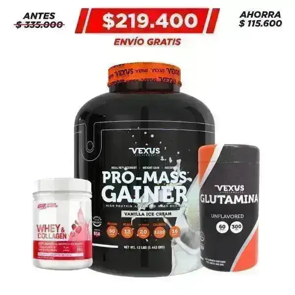 Pro-Mass Gainer 12 lb + Whey Collagen 420 gr + Glutamine 30 serv - Zona FIT