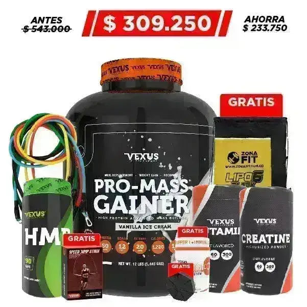 Pro-Mass Gainer 12 lb + Creatine 300 gr + Cuerdas de tensión + Obsequio - Zona FIT