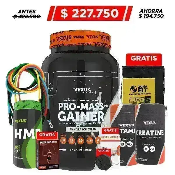 Pro-Mass Gainer 3 lb + Creatine 300 gr + Cuerdas de tensión + Obsequio - Zona FIT