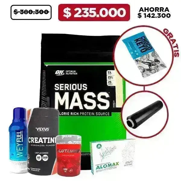 Serious Mass 12 lb + Glutamina 60 caps + Creatine 300 gr + Obsequios - Zona FIT