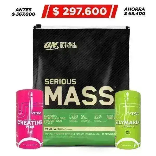 Serious Mass 12 lb + Creatine 120 caps + Silymarin 90 caps - Zona FIT