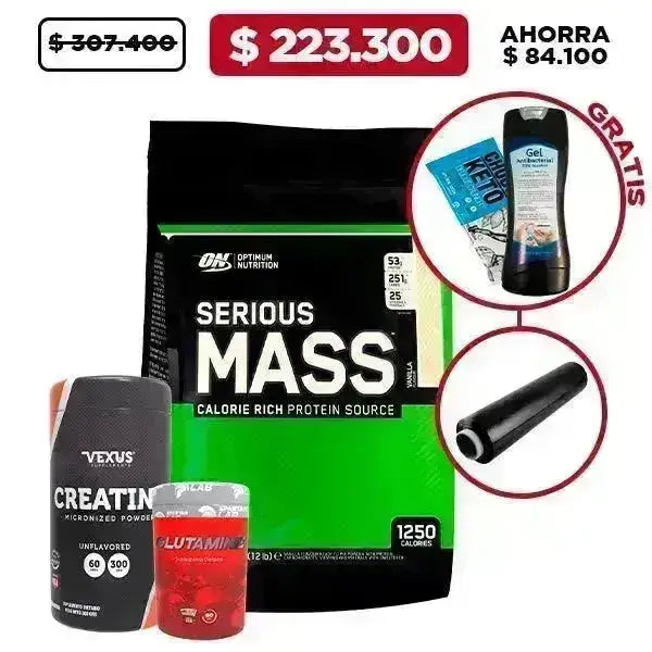 Serious Mass 12 lb + Creatine 300 gr + Glutamine 60 caps + Obsequio - Zona FIT