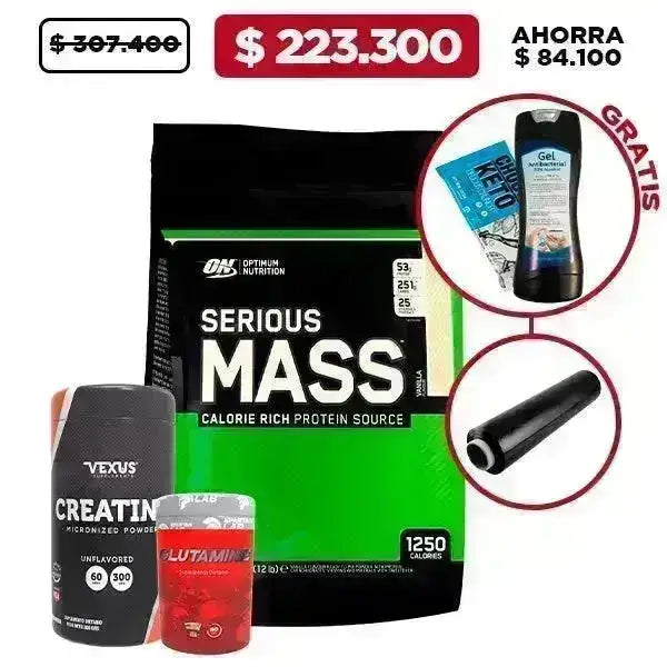 Serious Mass 12 lb + Creatine 300 gr + Glutamine 60 caps + Obsequio - Zona FIT