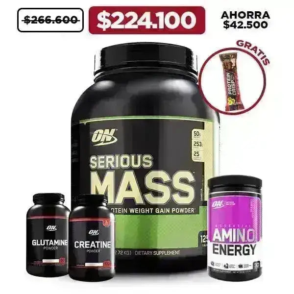 Serious Mass 6 lb + Amino Energy 30 serv. + Creatine 300 gr + Glutamine 300 gr + Obsequio - Zona FIT