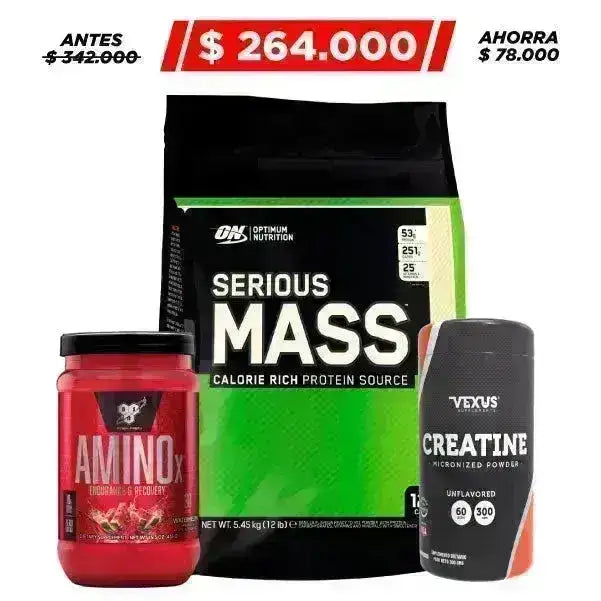 Serious Mass 12 lb + Amino X 30 serv + Creatine 300 gr - Zona FIT