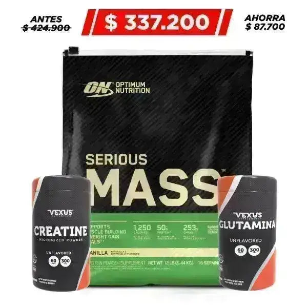 Serious Mass 12 lb + Creatine 300 gr + Glutamine 300 gr - Zona FIT
