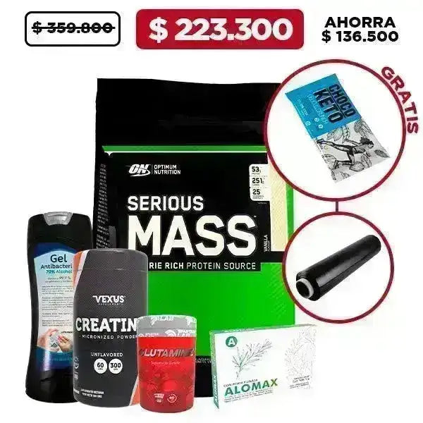 Serious Mass 12 lb + Glutamine 60 caps + Gel Antibacterial + Obsequio - Zona FIT