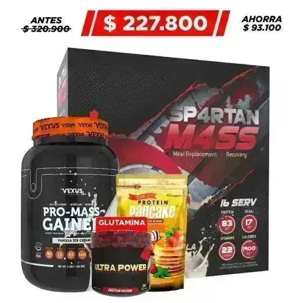 Spartan Mass 12 lb + Pro-Mass Gainer 3 lb + Protein Pancake 770 gr + Glutamine 30 serv - Zona FIT