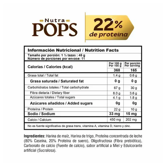 Tabla nutricional Nutra POPS con 22% proteína, ideal para suplementos fitness y deportivos en Colombia