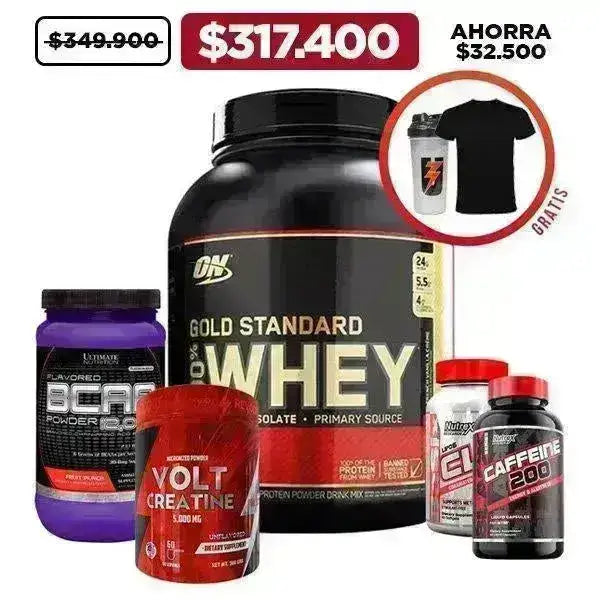 Oferta 100% Whey Gold Standard 5 Lb + Creatina 300 gr + BCAA 30 serv + Lipo 6 CLA + Caffeine + Obsequios - Zona FIT