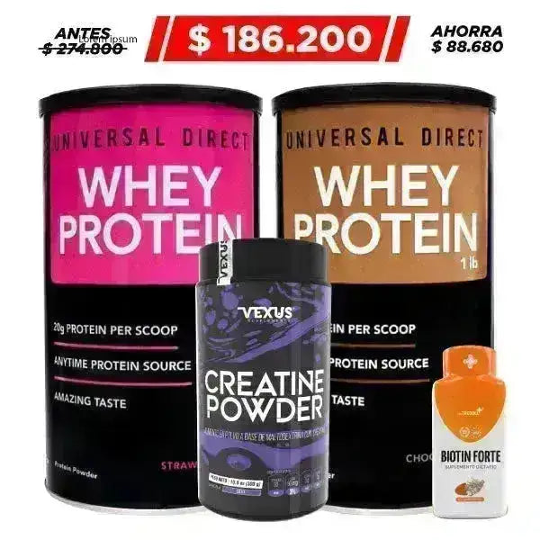2 unid. Whey Protein 1 lb + Creatine 300 gr + Biotin Forte 50 caps - Zona FIT