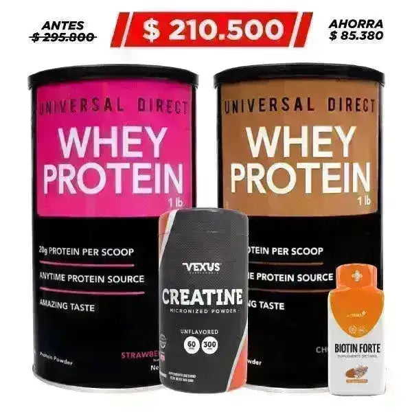 2 unid. Whey Protein 1 lb + Creatine 60 serv + Biotin Forte 50 caps - Zona FIT